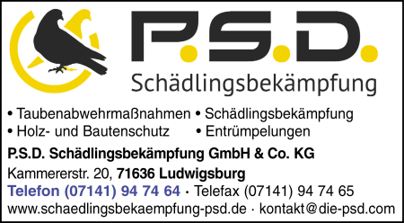 P.S.D. Schdlingsbekmpfung, Taubenabwehr, Holzschutz, Bautenschutz, Entrmpelungen, Geruchsbeseitigung, Ludwigsburg