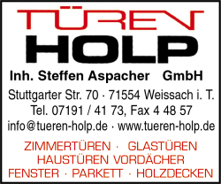 Türen Holp, Inh. Steffen Aspacher GmbH. 71554 Weissach im Tal, Zimmertüren, Glastüren, Haustüren, Vordächer, Fenster, Parkett, Holzdecken