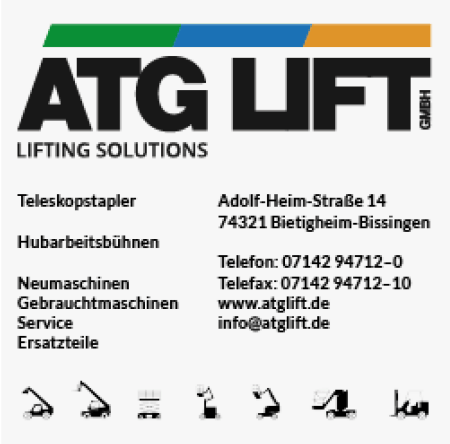 ATG Lift GmbH, Arbeitsbhnen, Arbeitsbhnen/Verkauf, Baumaschinen und -gerte, Gelndestapler/Verkauf, Scherenbhnen, Hubarbeitsbhnen/Verkauf, Teleskopstapler/Verkauf, Neumaschinen,
Gebrauchtmaschinen, Wartung, Service