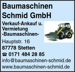 Baumaschinen Schmid, Ankauf, Verkauf, Baumaschinen, Baumaschinenvermietung, Radlader, Bagger, Minibagger, Teleradlader, Teleskoplader, Schlepper, Traktor, Stetten