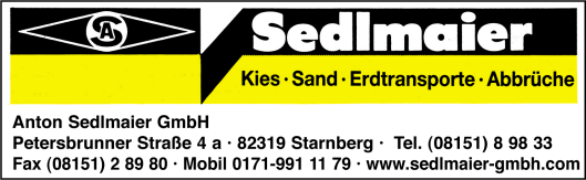 Anton Sedlmaier GmbH, Starnberg, Baggerbetrieb, Verkauf und Lieferung von Kies, Sand und Humus, Erdarbeiten, Abbruch, Entsorgung und Recycling, Erdtransporte