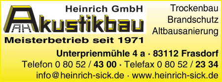 Akustikbau Heinrich GmbH, Trockenbau, Wrmeisolierungen, Klteisolierungen, Schallschutz, Brandschutz, Trockenbden, Altbausanierung, Frasdorf