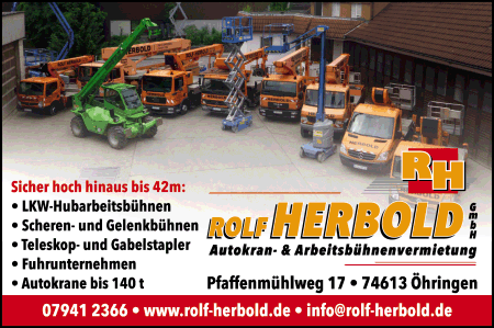 Rolf Herbold GmbH, hringen, Autokrane, Hubarbeitsbhnen, Gelenkbhnen, Teleskop-Autokrane, Kranarbeiten, Baggerbetrieb, Raupenbetrieb, Hebebhnenverleih, Scherenbhnen, Teleskopstapler, Gabelstapler, Arbeitsbhnenvermietung, Kranarbeiten