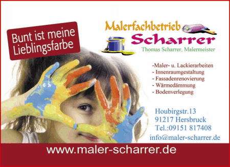 Malerfachbetrieb Scharrer, Malerarbeiten, Tapezierarbeiten, Trockenbau, Innenraumgestaltung, Fassadenrenovierung, Wrmedmmung, Bodenverlegung, Fubodenbelge, Farbenverkauf, Hersbruck