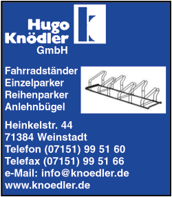 Hugo Kn�dler GmbH, Fahrradst�nder, Einzelparker, Reihenparker, Anlehnb�gel, Weinstadt